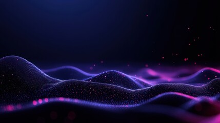 Abstract digital landscape: neon waves and particles in a dark space