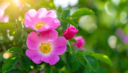 Fototapeta premium Pink Dog Rose Blossoms with Sunlight.