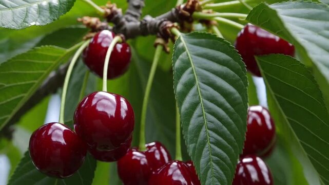 Tightly framed of maturing prunus avium fruit suspended from branch