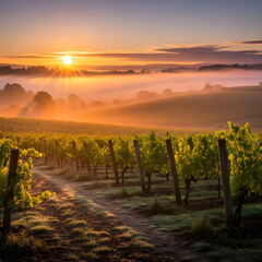 Naklejka premium Sunrise over Misty Vineyard with Golden Light and Lush Green Grapevines
