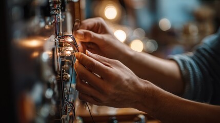 Fototapeta premium Closeup of a museum engineer connecting wires on a modern lowpower FM transmitter embedded in a nostalgic tube radio medium shot with crisp focus on hands and blurred exhibits