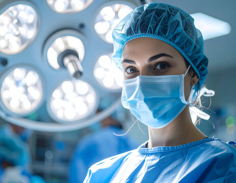 Focused Medical Professional: A close-up portrait of a determined healthcare professional in surgical attire, illuminated by surgical lights, her eyes reflecting focus, skill. - Powered by Adobe