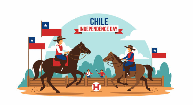 Illustration depicting Chile's Independence Day celebration with horse riders, flags, and festive elements.