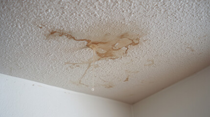 Water stains have formed on the ceiling with moisture dripping down in a home setting. The condition highlights potential plumbing or roof issues needing urgent attention