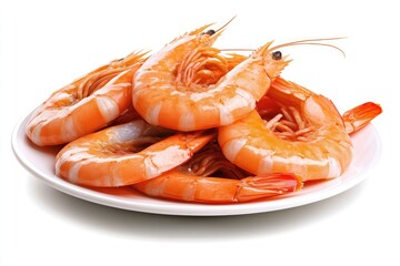 Succulent Cooked Shrimp on White Plate: Close-up Studio Shot of Delicious Seafood