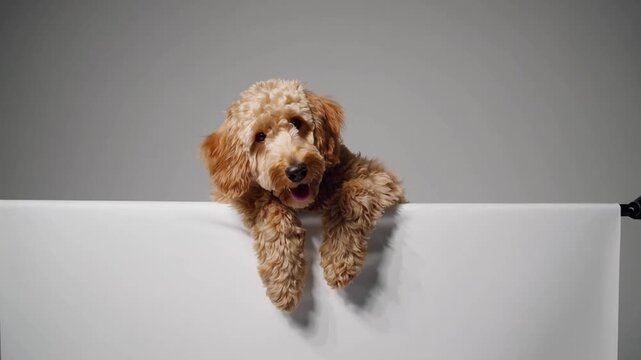 Goldendoodle Leaning on White Banner of Goldendoodle hanging over white banner, shot in the studio on white background.