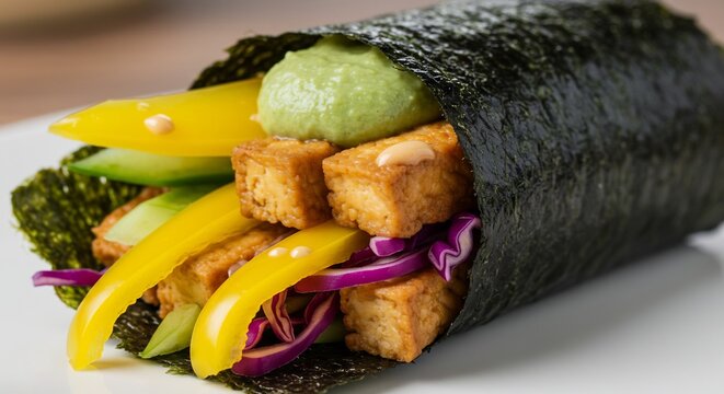 Closeup of a nori wrap filled with tofu vegetables and a green spread