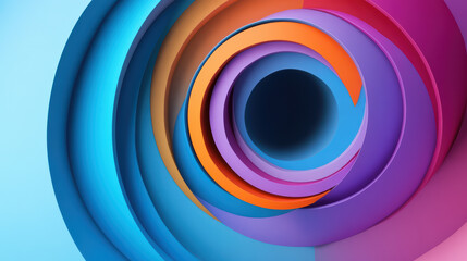 Colorful, multi layered, circular design representing innovation and creativity. vibrant hues of blue, purple, orange, and pink create dynamic visual effect, evoking sense of depth and movement