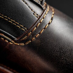 A close up of a shoe with a brown leather sole and a gold thread