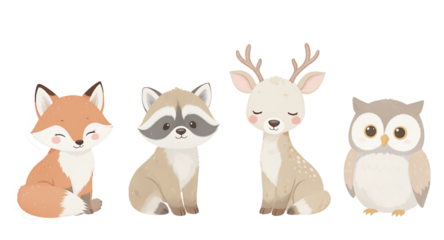 Cute woodland animals illustration, adorable cartoon fox, raccoon, deer, and owl characters, perfect for kids designs, nursery decor, baby shower invitations, and childrens books.