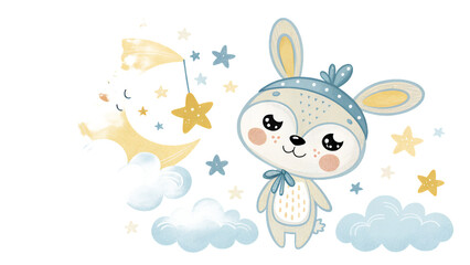 Cute cartoon illustration with a bunny, moon, stars, and clouds