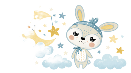 Cute cartoon illustration with a bunny, moon, stars, and clouds