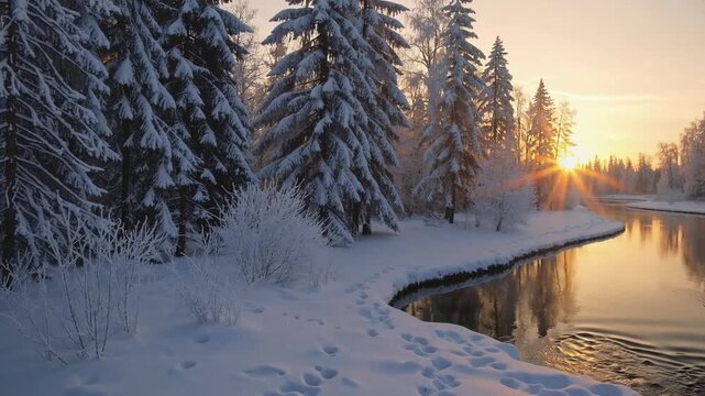 peaceful and visually striking winter scenery with frozen waterway blanketed in snow and encircled by frosted woodland during dawn