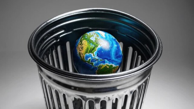 environmental conceptual depicting the Earth globe placed inside waste receptacle on plain white backdrop