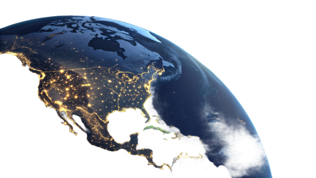 Earth at Night with City Lights and Stars