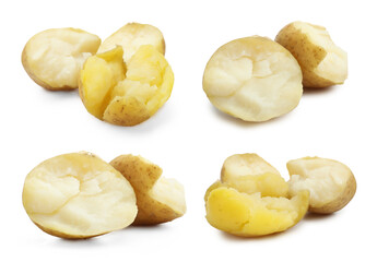 Tasty boiled potatoes isolated on white, set