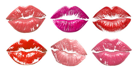 Lipstick kiss marks in different colors on white background, set