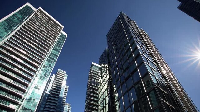 Urban downtown landscape featuring towering high-rise structures under clear sunny skies