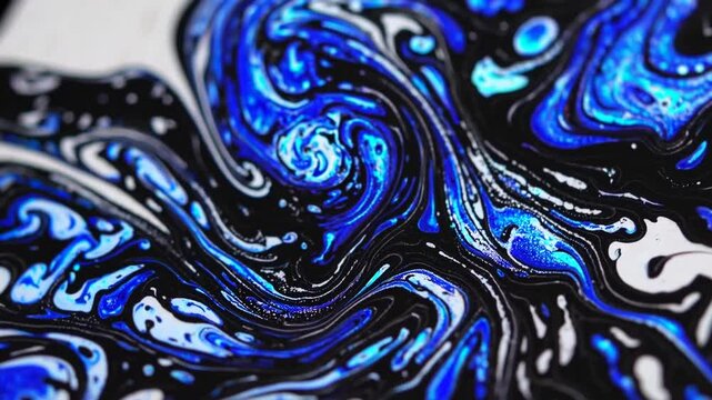Abstract Art Background with Mixture of Blue and Black Ink Spill and Glitter Fluid