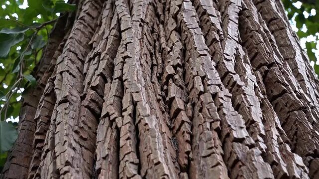 Detailed view of big enormous tan split tree bole having outer covering, aged coarse rustic fissures including certain verdant climbing plant foliage adhering to it creating attractiveness in natural