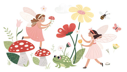 Fairies, Flowers, Mushrooms, and a Frog in a Whimsical Garden