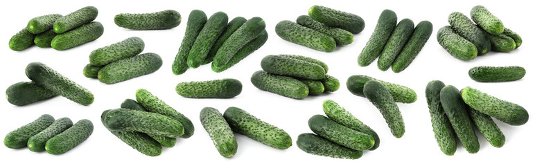 Fresh ripe cucumbers isolated on white, collage