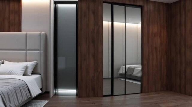 Elegant sleeping chamber interior design featuring storage cabinet and timber wall cladding, Computer-Generated ry.
