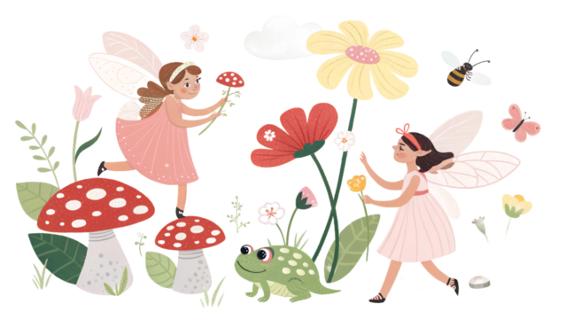 Fairies, Flowers, Mushrooms, and a Frog in a Whimsical Garden