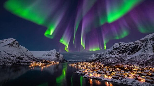 Celestial Light Phenomenon Illuminating the Night Sky Above Snowy Coastal Settlement