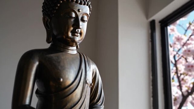 Detailed view of sculpted representation of the enlightened one indoors with flowering cherry branches behind