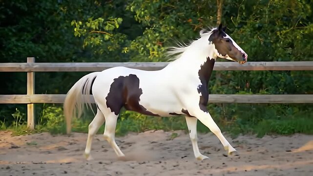 Elegant Pinto Horse Cantering Freely In Sand Paddock Enclosed by Wooden Fence Under Sunlit Green Tree Backdrop In Captivating Outdoor Scene Perfect as Decoration and Symbolizing Vitality Grace and