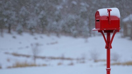 Snow covered mailbox, blur snowed country background. Empty retro red postbox open. 3d Snow covered mailbox, blur snowed country nature background. Empty retro postbox red color open with raised flag