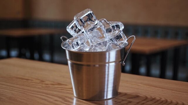 Metallic pail constructed of aluminium completely packed with frozen water cubes intended for chilling beverages