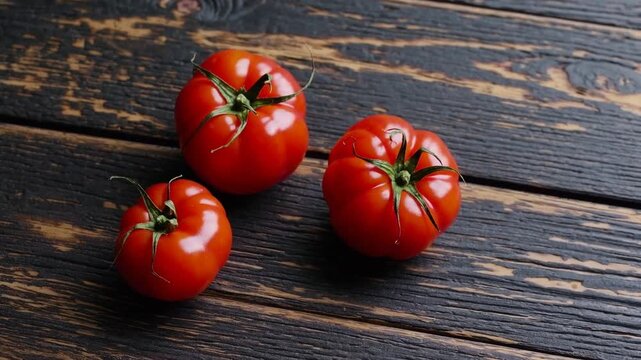 Three Heritage Variety Tomatoes Lined Up on Dark-Toned Wooden Surface