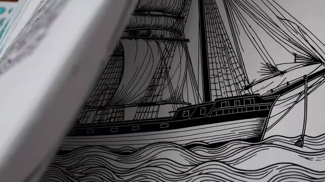Sheet containing monochrome illustration of wind-powered vessel for adding color. Fostering juvenile abilities for artistic expression. visual picture.