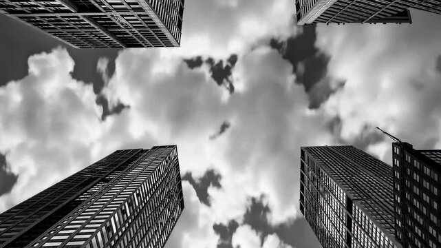 Monochrome Vertical Composition of Dense Metropolitan Area with Tall Glassed-Towered Buildings
