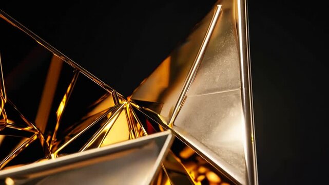 The color gold accentuated by illumination against dark backdrop, featuring abstract geometric shapes highlighted by light on black surface