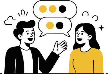 Illustration of a man and a woman having a conversation with speech bubbles above their heads in black and yellow