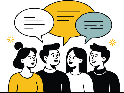 Group of four people talking with speech bubbles above them in a cartoon style illustration
