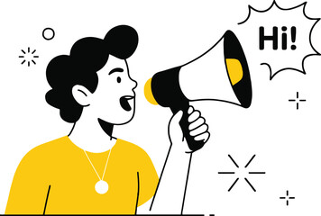 A person holding a megaphone with the word hi in a speech bubble on a white background illustration