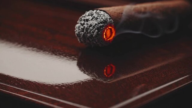 Lit cigar emitting smoke resting atop wooden humidor box, evoking notions of accomplishment and luxury
