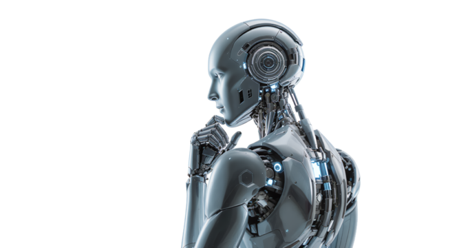 Futuristic Robot Thinking Against a White Background
