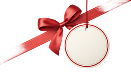 Gift Tag with Red Ribbon and Bow on White Background