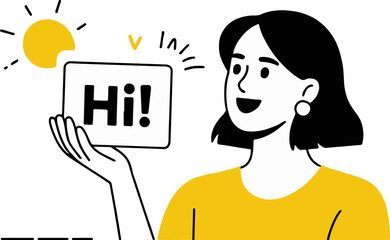 Woman holding a sign that says hi with a sun in the background in a cartoon style illustration