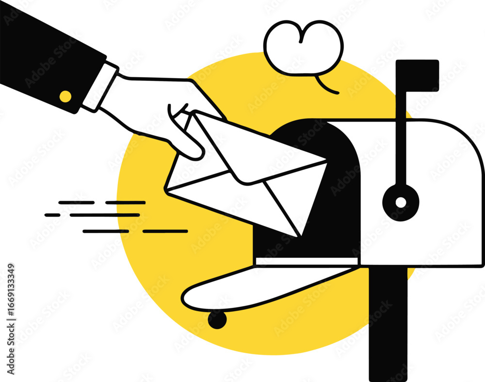 Wall mural a hand placing a white envelope into a white mailbox with a yellow circle in the background art