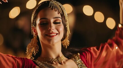 Young Arabic woman performing belly dance at a festive celebration  