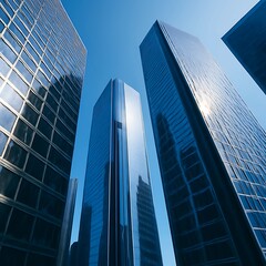 Low-angle view of modern glass and steel skyscrapers reflecting a bright blue sky with strong light and sharp contrasts