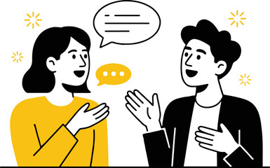 Two people having a conversation with speech bubbles and hand gestures in a minimalist illustration style