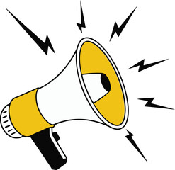 Illustration of a white and yellow megaphone with black accents and lightning bolts around it on white