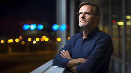 Thoughtful Man Night Cityscape Window View